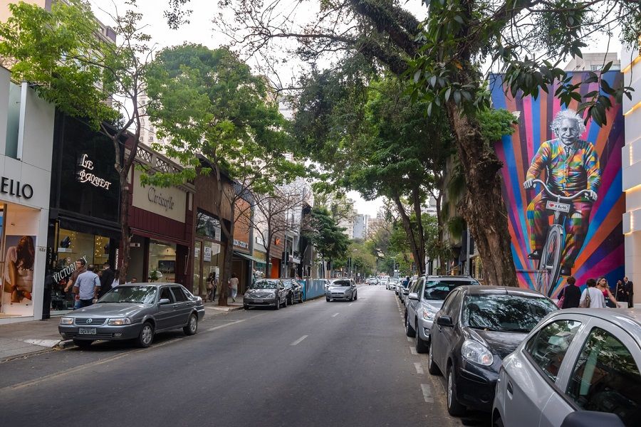 Tree-lined street and boutiques in Jardins